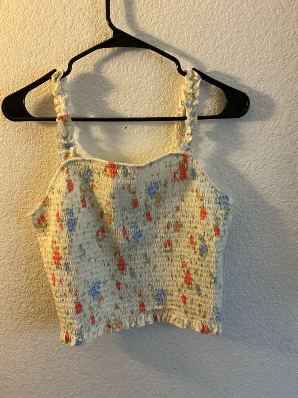 SO Cream Smocked Floral Crop Top with Coral & Blue Accents